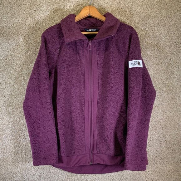 THE NORTH FACE Womens Jacket Sz Large Faux Fur Burgundy Full Zip Fleece Sweater - Picture 1 of 6